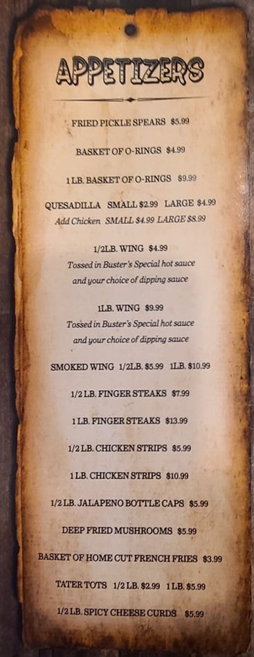 The menu at Buster's Restaurant and Saloon