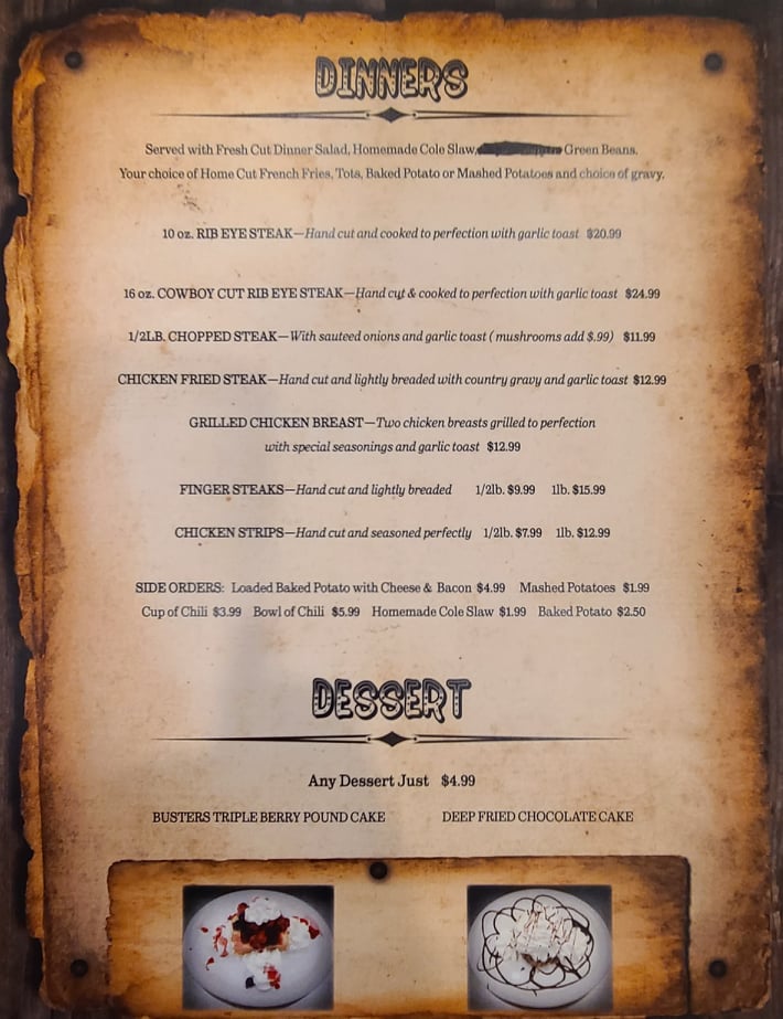 The menu at Buster's Restaurant and Saloon