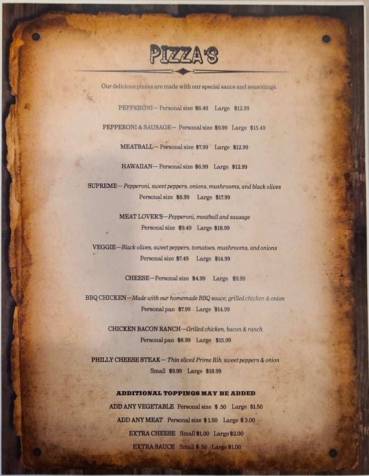 The menu at Buster's Restaurant and Saloon